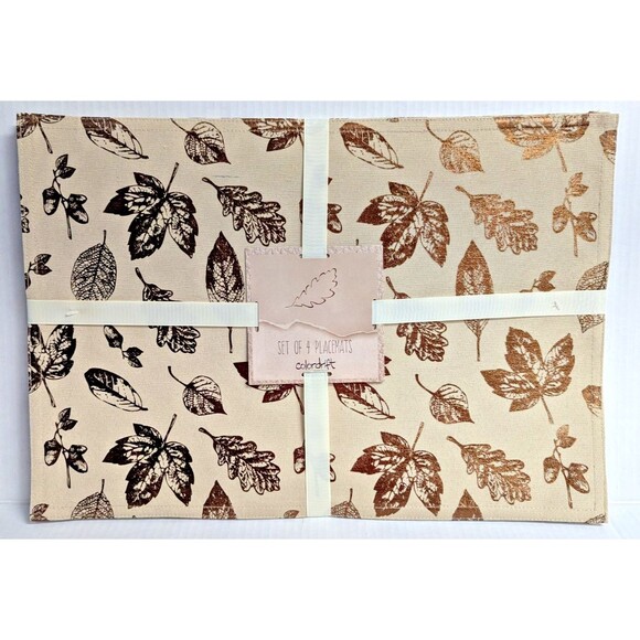 Colordrift Autumn Leaves Placemats 4pc Tan Brown Gold Sheen Holiday Gift NEW - Picture 1 of 5